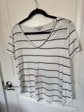 Green Envelope White V-Neck Tee with Black Stripes